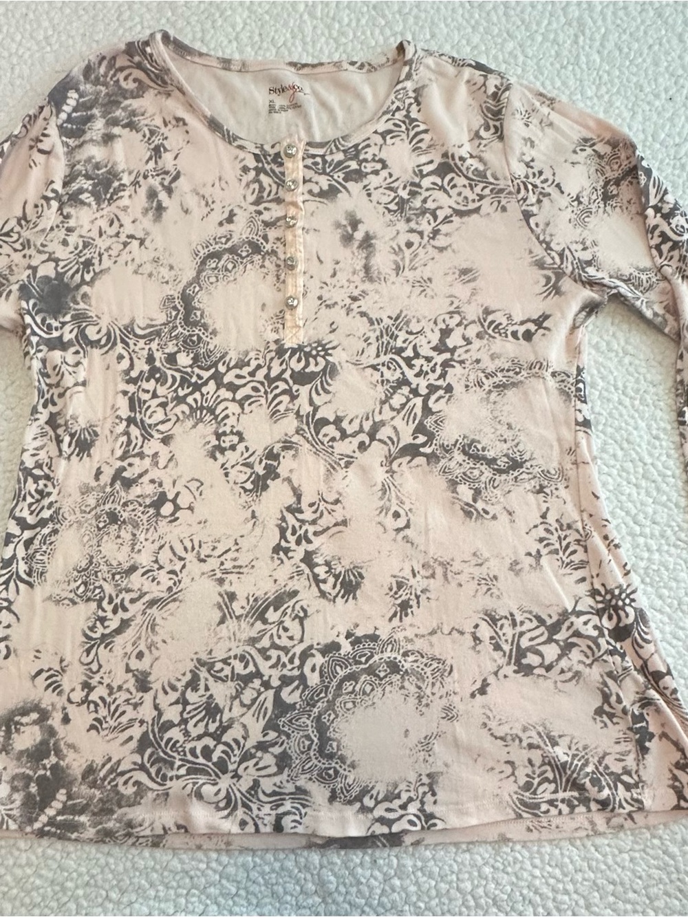 Style & Co. Blush Pink and Gray Printed Henley Long-Sleeve Top